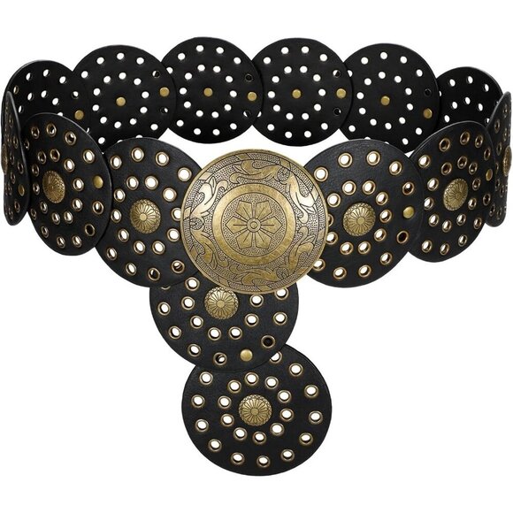 Accessories - Women Boho Disc Belt Wide Western Leather Belt Vintage Concho Waist Belts Black